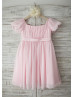Puff Sleeves Pink Chiffon Knee Length Flower Girl Dress